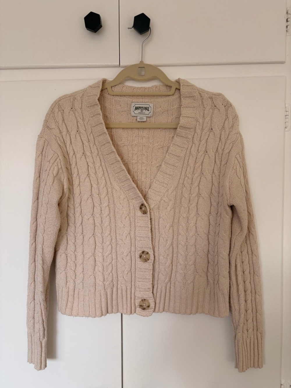 American Eagle Cream Cable-Knit V-Neck Cardigan